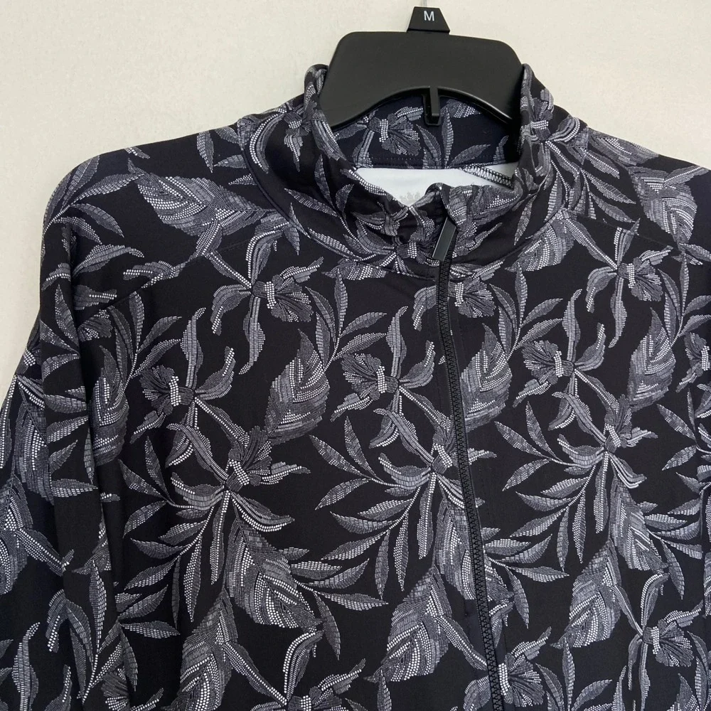 Brisas Womens Athleisure Soft Knit Full Zip Tropical Leaf Jacket Black White M‎